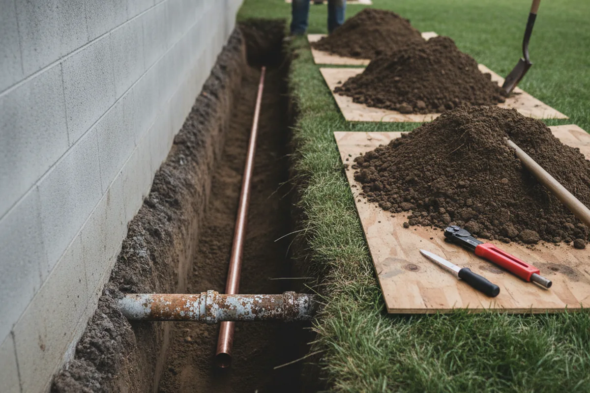 Excavated water line trench during Water Softener Installation in Meredith